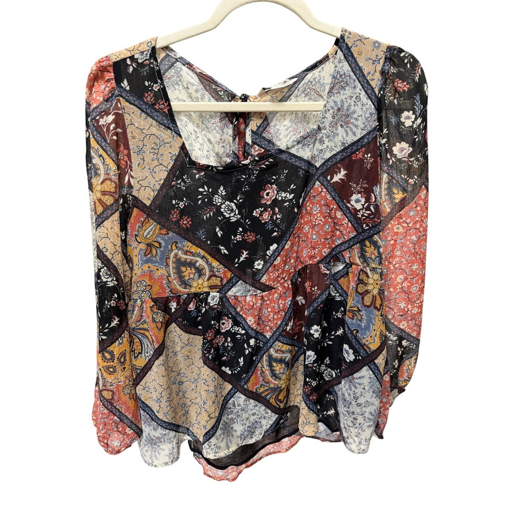 American Eagle Blouse Womens Medium Patchwork Boho‎ Peplum Back Tie Top Romantic